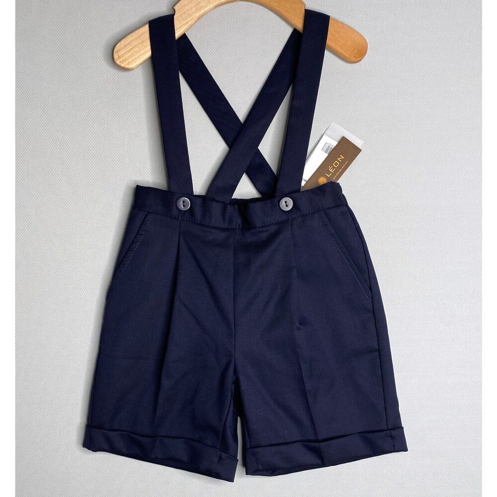 NWT Leon by Fleurisse 100% Lightweight Wool Navy Suspender Shorts Boys 2 Yrs
